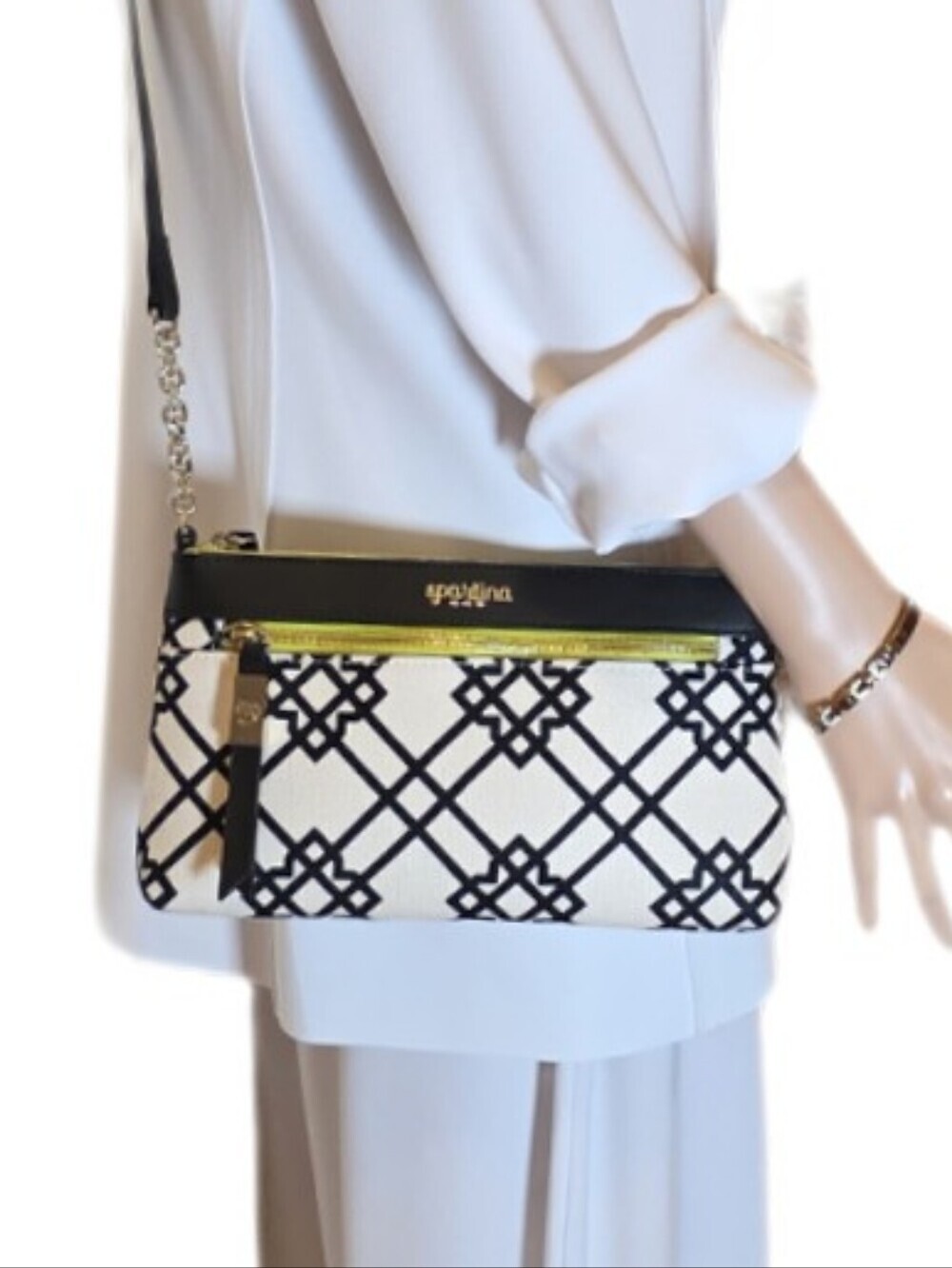 Spartina 449 Seven Oaks Crossbody Bag Black Cream Linen Gold Accent EUC